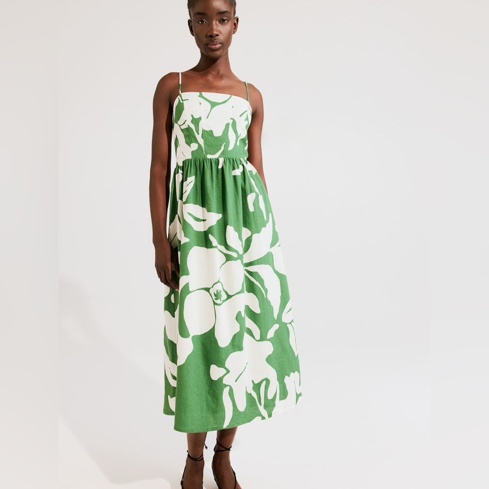 NEW H&M Linen-blend Midi Dress in green/white